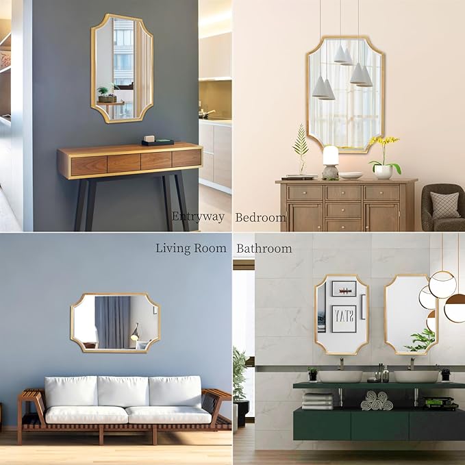 Kelly Miller 30"x40" Large Gold Bathroom Mirror for Wall, Gold Scalloped Vanity Mirror Bevelled Framed Decorative Mirror for Master Bath Half Bath Entrance Hallway Bedroom Living Room Fireplace Mantle