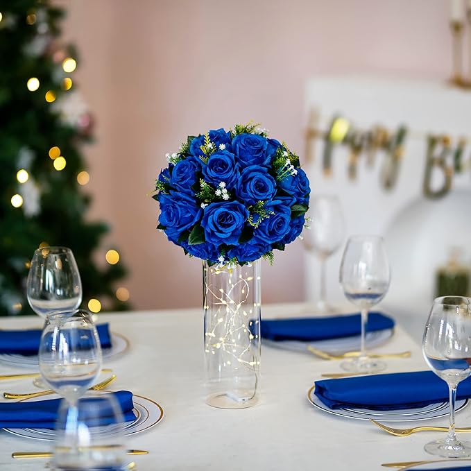 BLOSMON Royal Blue Flowers for Decoration: 10 Pcs Fake Roses Kissing Balls for Wedding Table Centerpieces - Artificial Floral Arrangements Home Baby Shower Birthday Party DIY Decor