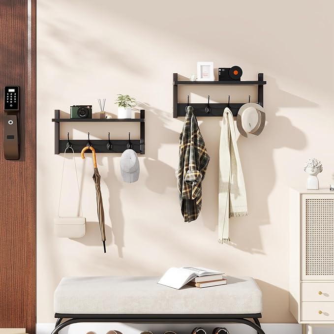 YMYNY Coat Rack Shelf Wall Mounted, Coat Hooks Set of 2, Entryway Coat Hanger with 8 Hooks, 31.5" Wall Floating Shelf with Hat Rack, for Kitchen, Bedroom, Bathroom, Black UHWS001B-2