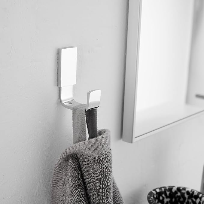 BESy Brass Clothes Hook Single Towel Hook for Bathroom Kitchen Garage Square Style Robe Hooks Coat and Hat Hook, Self Adhesive with Glue or Wall Mounted with Screws, Polished Chrome