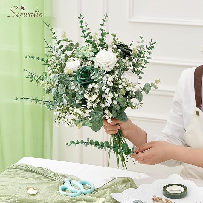 Serwalin 25 Pcs Mixed Artificial Eucalyptus Stems,Babys Breath Artificial Flowers Bulk with Faux Eucalyptus Leaves Greenery Stems for Wedding DIY Bouquets Floral Arrangement Home Decor