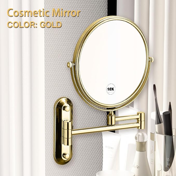 Gold 1x10x Magnifying Double Sided Bathroom Mirror 360 Degree Swivel Makeup Mirror Adjustable Extension Arm Wall Mount 8 Inch Non-Illuminated Beauty Mirror Shaving Mirror (Oval Base)