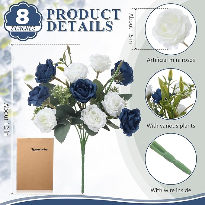 Zeyune 8 Pack 12 Inch Wedding Bouquets for Bride Bridesmaid Dark Blue and White Artificial Rose Bouquet Fake Silk Roses Flowers Bunches Bulk for Home Office Garden Parties Decoration