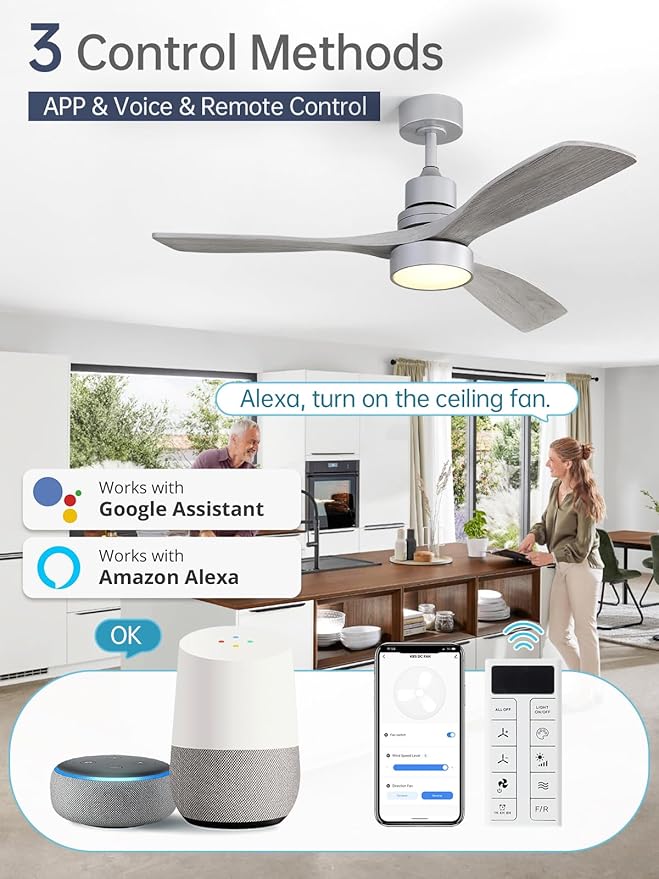 Sofucor 52 Inch Smart Ceiling Fans with Lights and Alexa/Google Assistant/APP/Remote Control-Modern Solid Wood Outdoor 3 Blades Ceiling Fan for Bedroom Living Room Indoor Farmhouse Patio, Silver Grey