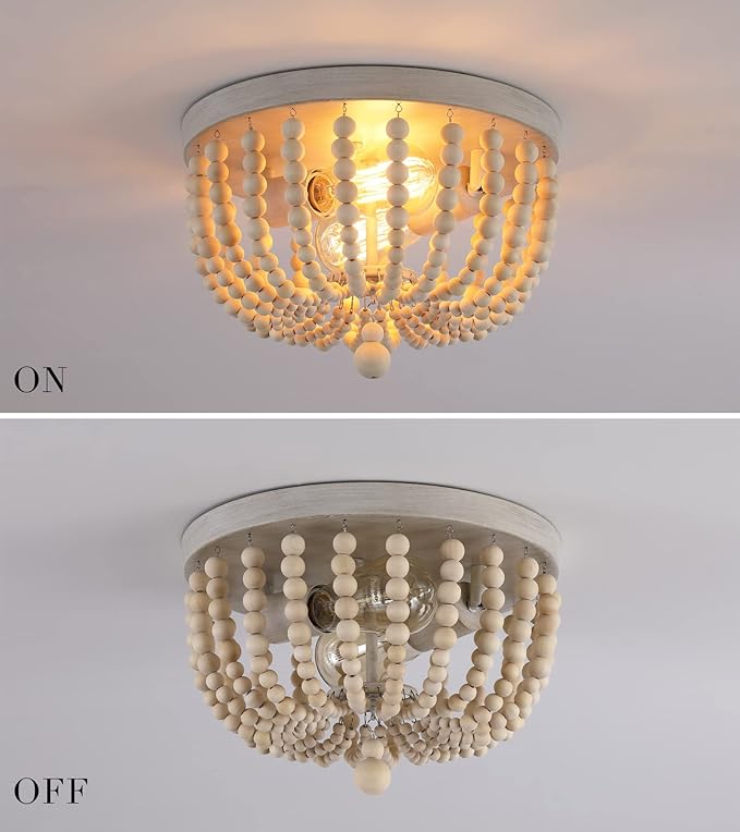 Q&S Boho Chandelier Wood Beaded Flush Mount Ceiling Light Fixtures for Nursery Baby Bedroom Kitchen Hallway,Oak White Finish,2-Lights