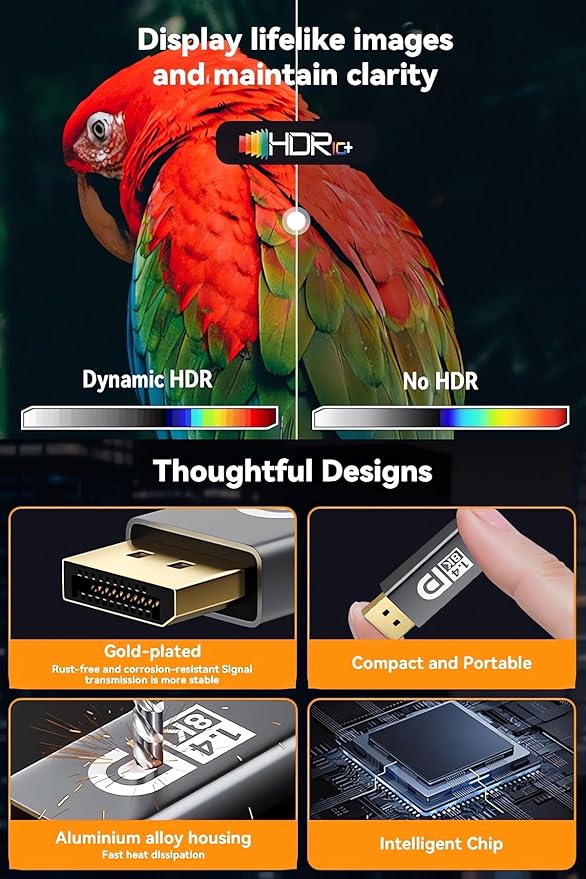 USB C to DisplayPort Adapter with USB C Video Cable, 8K@60Hz Uni-Directional USB C Female to DP Male Adapter, Thunderbolt 4/3 to DP Converter Compatible with i-/Phone 17, Galaxy, MacBok Pro- 1 Pack