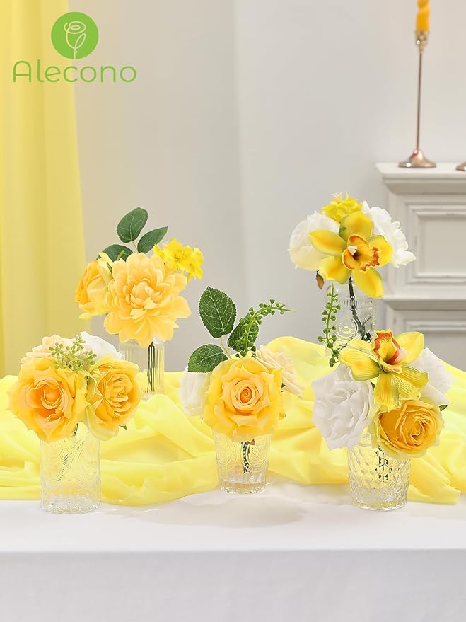 Alecono Artificial Flowers, Yellow Fake Spring Flowers Combo Box with Stems for DIY Wedding Cake, Party Table Centerpieces Home Decor