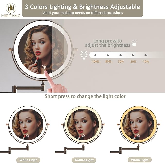 Rechargeable Wall Mounted Lighted Makeup Vanity Mirror 8 Inch Double Sided 1X 10X Magnifying Bathroom Mirror, 3 Color Lighting, Touch Screen Dimming, 360 Rotation Oil Rubbed Bronze
