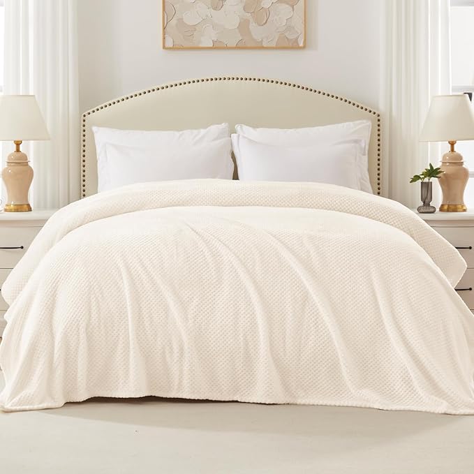 Exclusivo Mezcla Fleece Bed Blanket Queen Size, Super Soft and Warm Blankets for Couch, Sofa and Bed Waffle Textured, Cozy, Fuzzy and Lightweight (Ivory, 90x90 Inches)