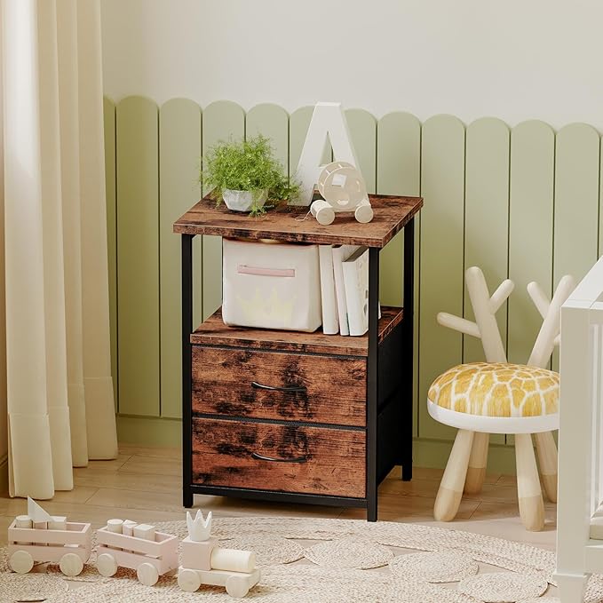 Fixwal Rustic Brown Night Stand with Charger Station, Nightstand with Charging Station & Fabric Drawers