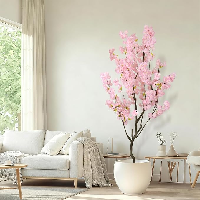 Faux Modern Pink Cherry Blossom Tree 7ft(84in)Tall Artificial Japanese Sakura Tree Decor Natural Fake Pink Floral Tree for Wedding Realistic Silk Plant in Pot for Home Living Room,Office,Outdoor Decor