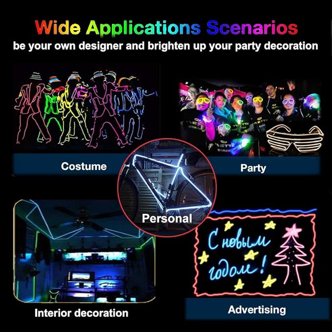 MaxLax EL Wire White, 32.8ft/10m Portable Battery Pack Neon Light Strip 360° Cuttable Glowing Rope Lights for Parties, Halloween, DIY Decoration