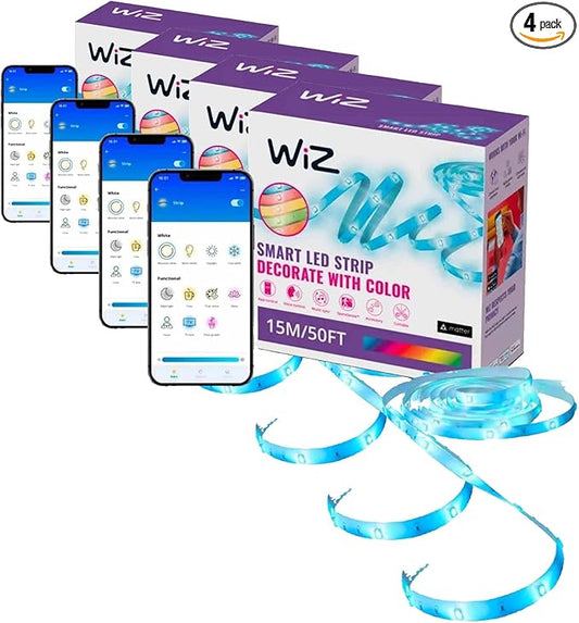 WiZ LED Smart Light Strip - Sunset to Sunrise Automation + Preset Light Modes + Control with Voice or App, Full Color RGB, Works with Alexa, Google Home, and HomeKit - 50 ft Cut to Fit (Pack of 4)