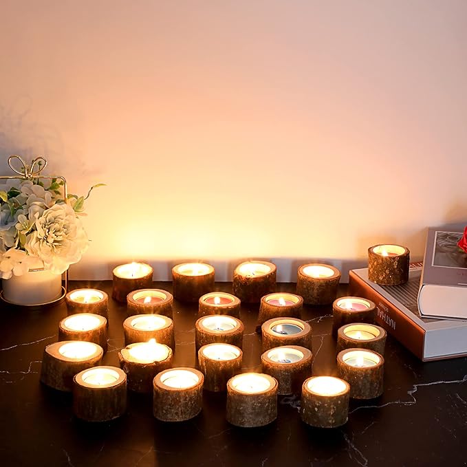 OwnMy Set of 24 Wooden Tea Light Candle Holders Votive Candle Holders, Rustic Wooden Pillar Candle Stands Vintage Tealight Holders Set Candle Centerpieces for Dining Table Wedding Party, 1.6" H