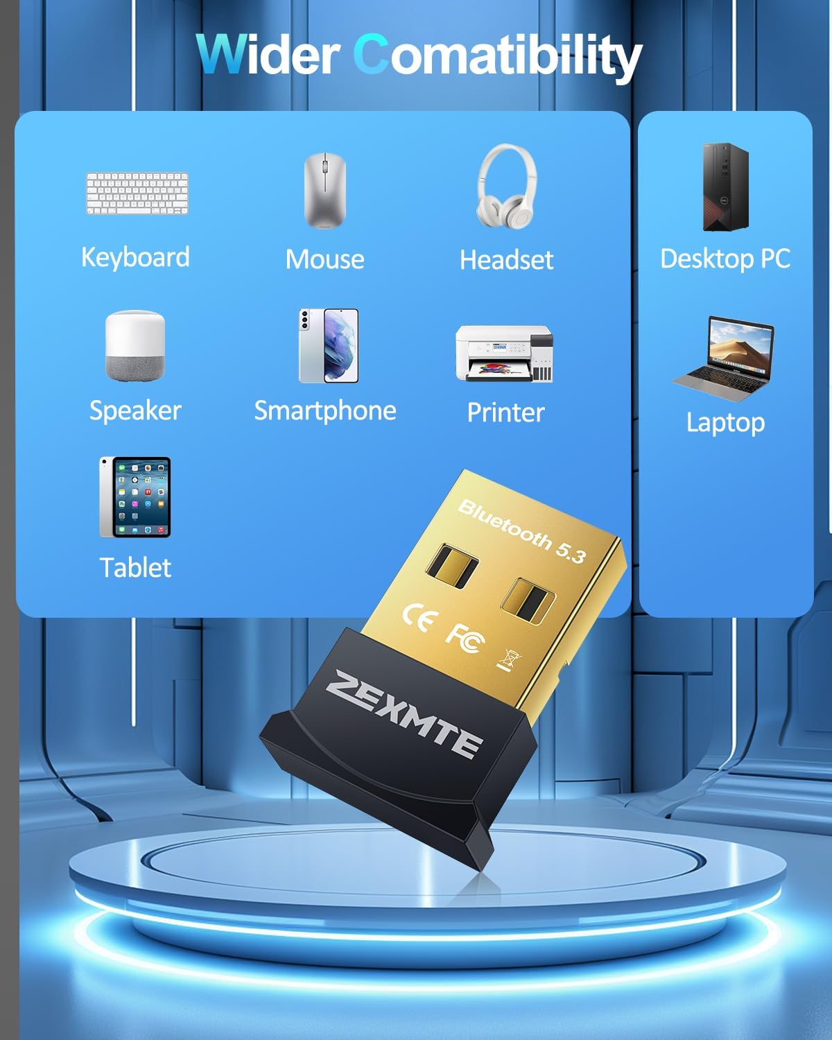 ZEXMTE USB Bluetooth Adapter for PC, 5.3 Bluetooth Dongle Receiver, Plug and Play for Desktop, Laptop, Windows