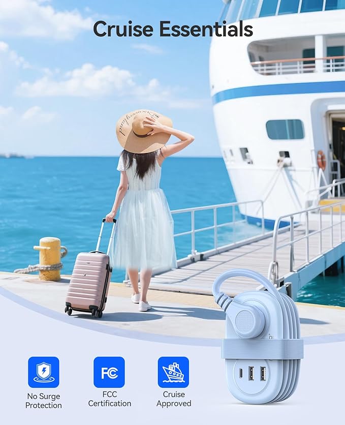 ORICO Pocket Power Strip for Travel, 5 in 1 Extension Cord with 2 AC Outlets 2 USB-A and 1 USB-C Ports, 3.7 ft Flat Plug Wrapped Around Power Strip for Cruise Office, Hotel, Home- AP3