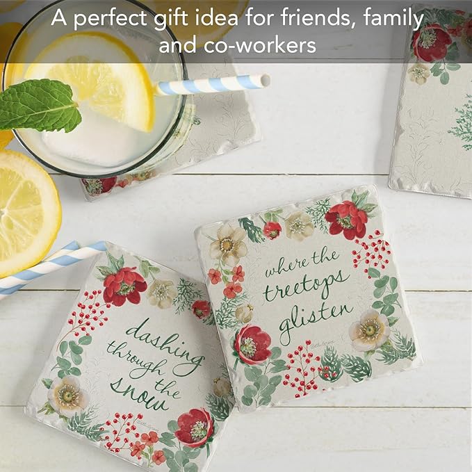Thirstystone Holiday Traditions 4 Pack Assorted Tumbled Tile Stone Coasters with Protective Cork Backing 4" Square Manufactured in The USA