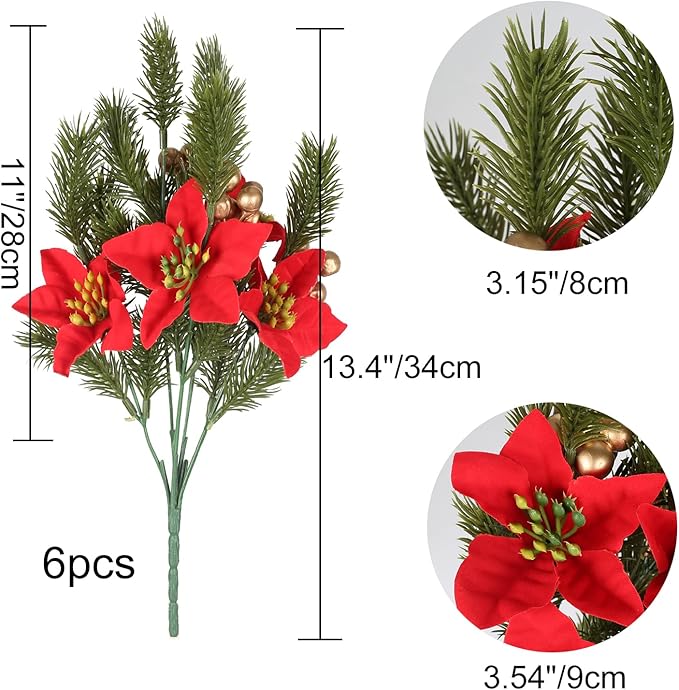 GTIDEA 6pcs Artificial Pine Branches Christmas Greenery Stems with Poinsettias Artificial Christmas Flowers and Berries Fake Green Plants for Xmas Tree Home Porch Table Centerpieces Vase Decor (13.4")