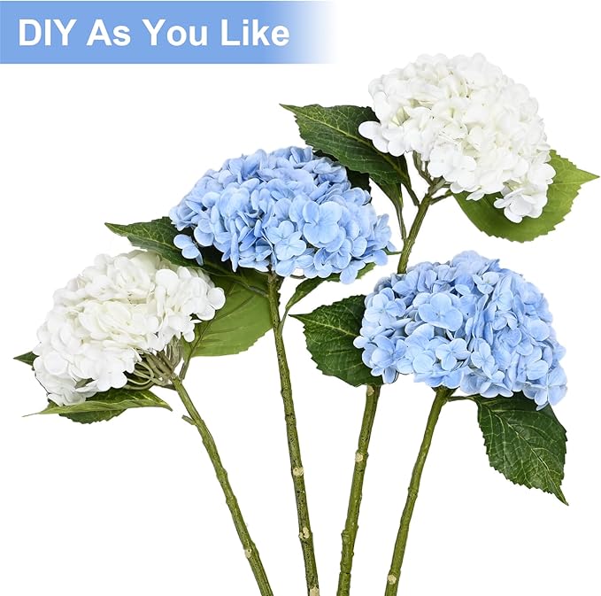 Real Touch Hydrangea Artificial Flowers, 2 Blue & 2 White Real Touch Flowers, 21" Faux Hydrangea Flowers, Fake Hydrangea Flowers for Outdoor Wedding Office Home Decor Table Centerpieces