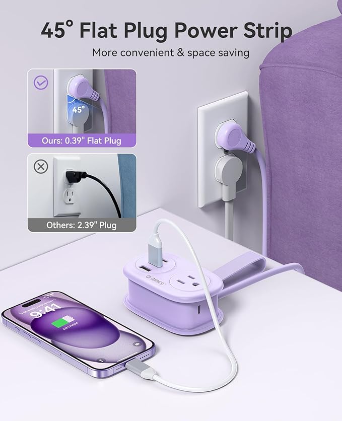 ORICO Pocket Power Strip for Travel, 5 in 1 Extension Cord with 2 AC Outlets 2 USB-A and 1 USB-C Ports, 3.7 ft Flat Plug Wrapped Around Power Strip for Cruise Office, Hotel, Home- AP3