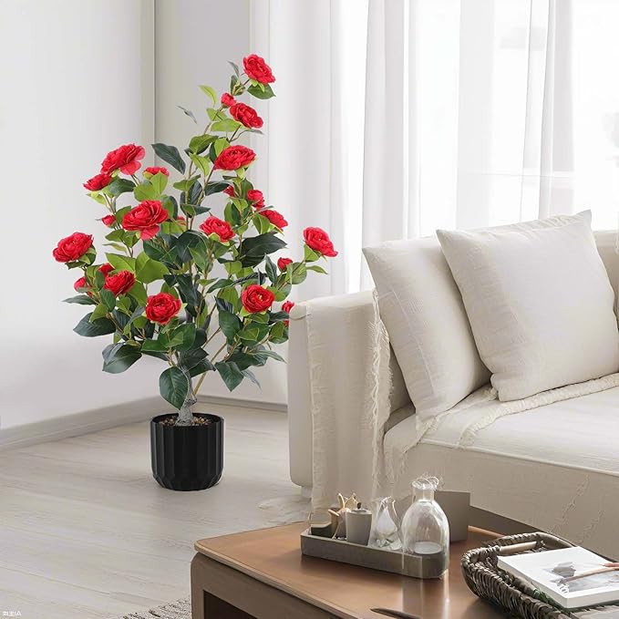 Hananona 2 Pcs Artificial Camellia Trees Faux Camellia Plant in Pot with Flowers Indoor Plants for Spring Home Decor Outdoor Porch Front Door Decor (Red, M)