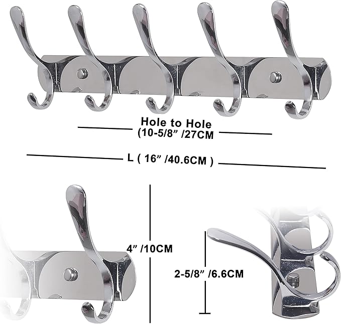 SKOLOO Coat Rack Wall Mount - Modern, Metal Wall Coat Rack with 5 Hooks, Pack of 2, Sturdy Wall Hook Rack Rail for Hanging Coat, Jacket, Clothes, Hat, Silver