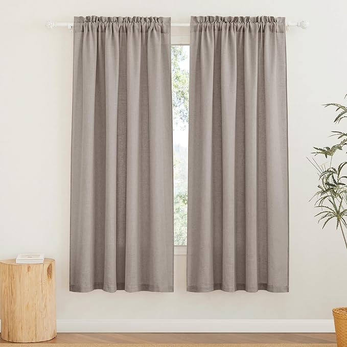 RYB HOME Solid Semi Sheer Curtains Rod Pocket Living Room/Bedroom, Linen Sheer Light Filtering Curtains 72 inches Long, Birch Brown, W 52 x L 72 inch Length, 1 Pair