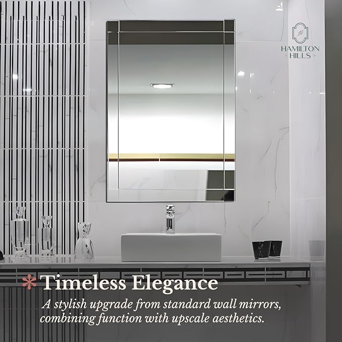 Hamilton Hills Rectangular 30x40 inch Silver Framed Vanity Mirror | Beveled Edge Squared Corner Frame Vanity Wall Mirror | Classy Decorative Bathroom Mirrors for Vanity, Hallway or Entry - Hanging