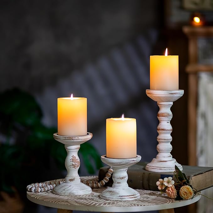 Romadedi Wood Candle Holders for Pillar Candles - Set of 3 Tall Farmhouse Wooden Candlestick Holder, Rustic Candle Stand for Fireplace Mantle Shelf Table Home Decor, Brown Whitewashed 3.9"/6"/ 8.3"