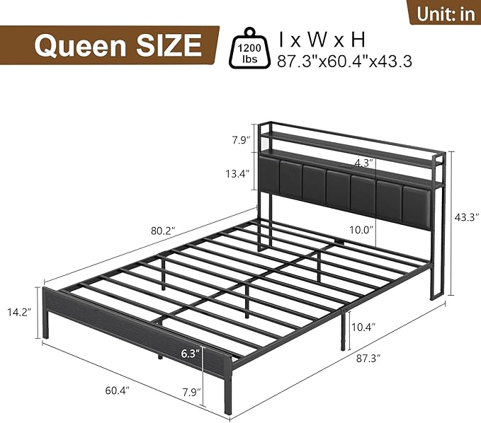 Queen Size Bed Frame with Charging Station and LED Lights, Metal Bed Frame with Headboard, Black Upholstered Headboard with 2-Tier Storage Shelves, Noise Free, No Box Spring Needed