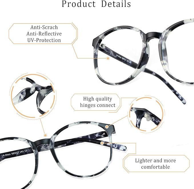 LifeArt Round Blue Light Blocking Glasses, Computer Glasses, Gaming Glasses, TV Glasses for Women Men (Gray, 5.00 Magnification)