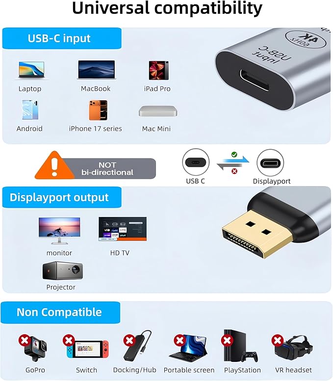 USB C to DisplayPort Adapter with USB Video Cable, 4K@60Hz Uni-Directional USB C Female to DP Male Adapter, Thunderbolt 4/3 to DP Converter Compatible with i-/Phone 17, Galaxy, MacBok Pro- 2 Pack