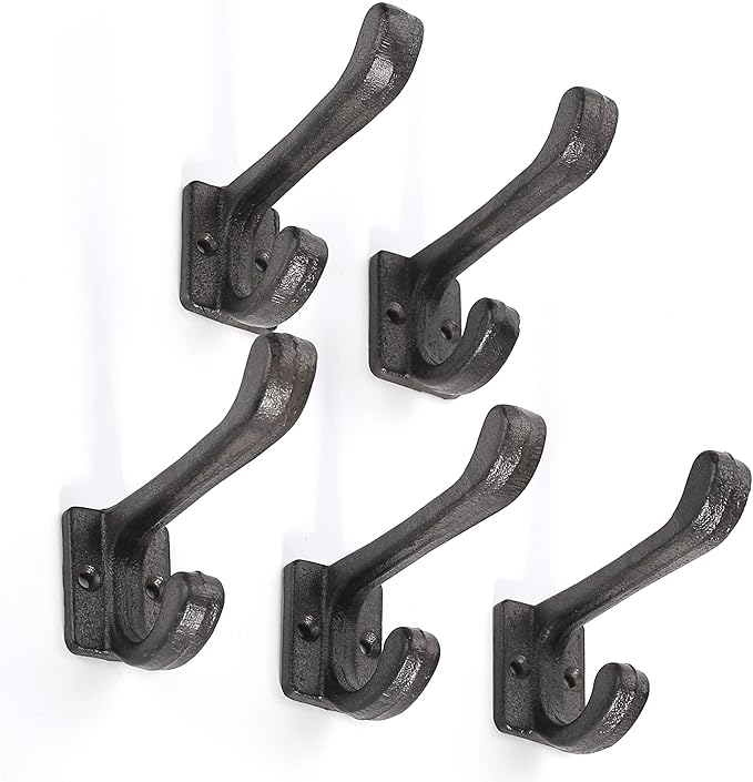 5 Pack Decorative Cast Iron Heavy Duty Double Hooks, Wall Mounted Coat Hooks, Vintage Inspired (Antique Black) (Modern Type)
