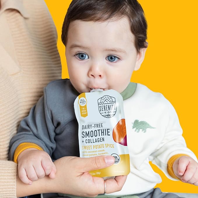 Serenity Kids 6+ Months Dairy-Free Smoothie Baby Food Pouches - USDA Organic, Grass Fed Collagen Protein - 3.5 Oz BPA-Free - Sweet Potato Spice - 6 Count - Smoothie Pouches