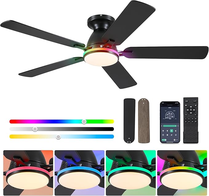 Ceiling Fans with Lights- 52" RGB Low Profile Indoor Ceiling Fan with Light and Remote/APP Control, Flush Mount, LED Dimmable DC Reversible Modern Ceiling Fan for Bedroom（Black）