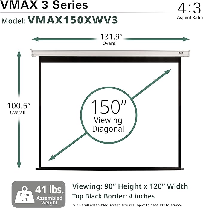 Elite Screens VMAX 3 with RC 1 Remote Kit, 150-INCH 4:3 Aspect Ratio, Wall Ceiling Motorized Drop Down Projector Screen, VMAX150XWV3
