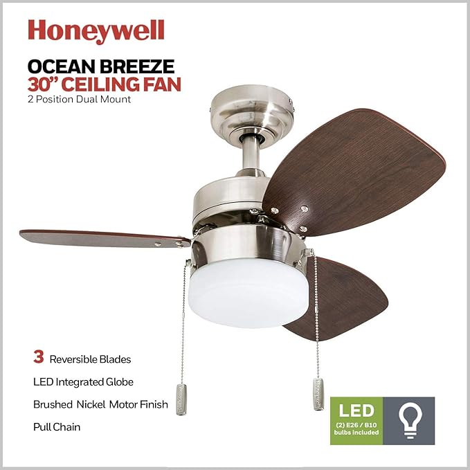 Honeywell Ceiling Fans Ocean Breeze Modern 30 Inch Ceiling Fan with Light, Pull Chain LED Indoor Fan with 3 Blades, Satin Nickel and Light Oak Blade Finish Options, Brushed Nickel (50601-01)