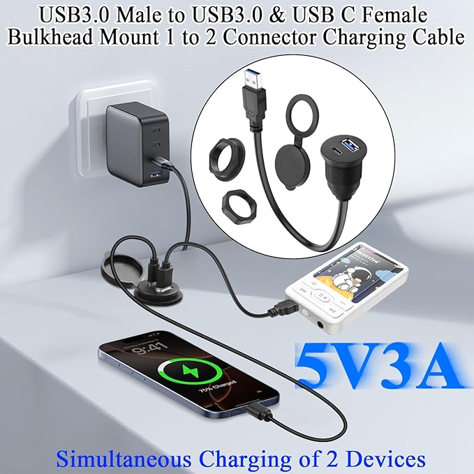 QIANRENON 2-in-1 USB3.0 to USB3.0 & USB C Threaded Fixed Adapter Short Cable 5GBps Type A Male to A + C Female Embedded Mount 1 to 2 Connector, 5V3A Charging, Mounted Car/RV Dashboard, 30cm/11.8in