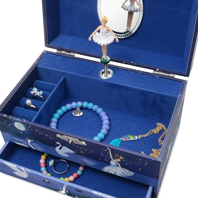 Jewelkeeper Girl's Ballerina Musical Jewelry Storage Box with Pullout Drawer, Glitter Design, Swan Lake Tune Blue