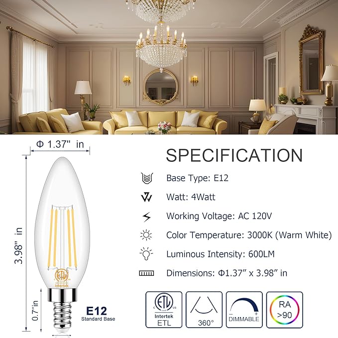 Honesorn E12 LED Bulb Dimmable, 60-Watt Equivalent, Candelabra Led Light Bulbs, 3000k Warm White, Type B Chandelier Light Bulb for Ceiling Fan, C35 B11 Candle led for Candelabra Base, 6 Pack