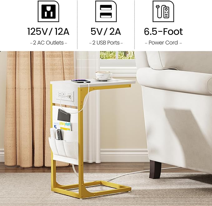 TUTOTAK C Shaped End Table with Charging Station, Side Table for Sofa, Couch Table with Storage Bag, TV Tray Table with 2 USB Ports and Outlets for Living Room, Bedroom, White and Gold TB01BWG024