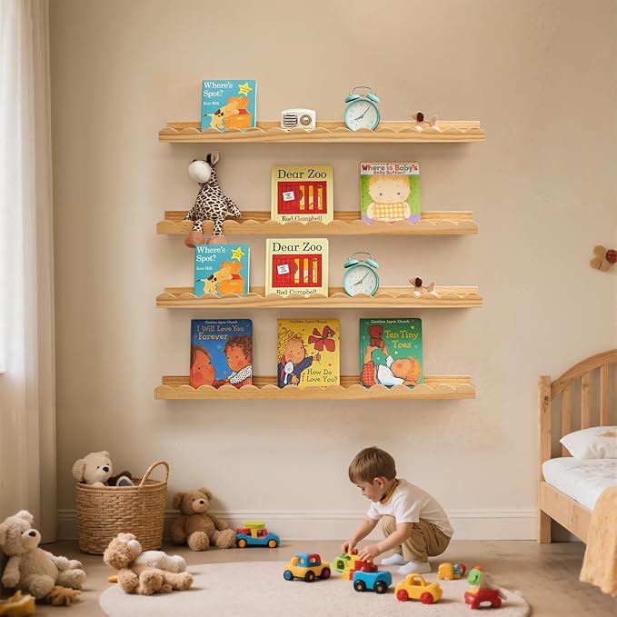 Nursery Book Shelves, Scalloped Floating Shelves Set of 2 Solid Pine Wood Wall Mounted Bookshelf with Wave Lip for Bedroom Kids, Toddler Room, Baby Room Natural 36inch