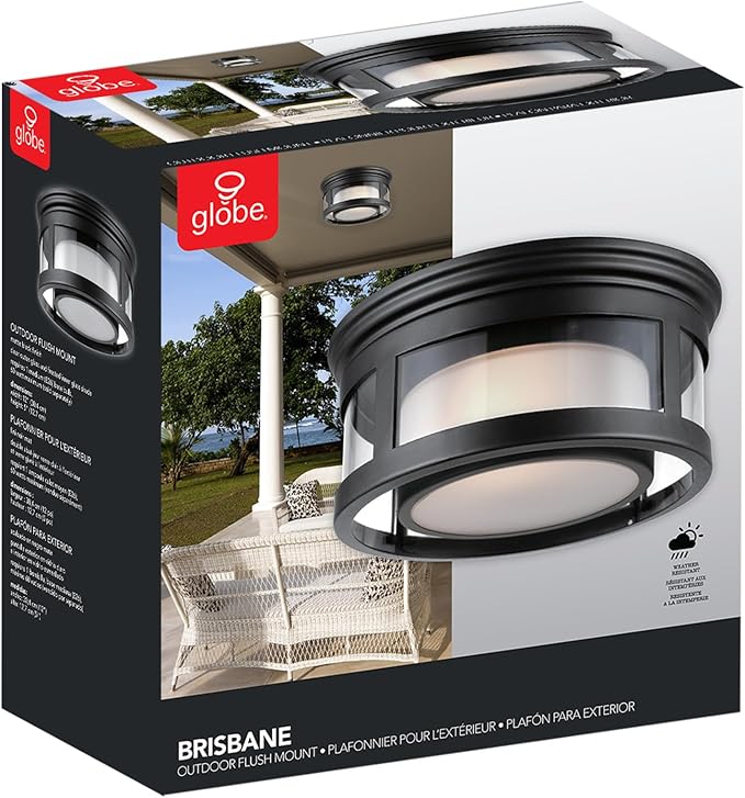 GLOBE Electric 44480 Brisbane 1-Light Outdoor Indoor Flush Mount Ceiling Light, Matte Black, Frosted Glass Shade, Bulb Not Included