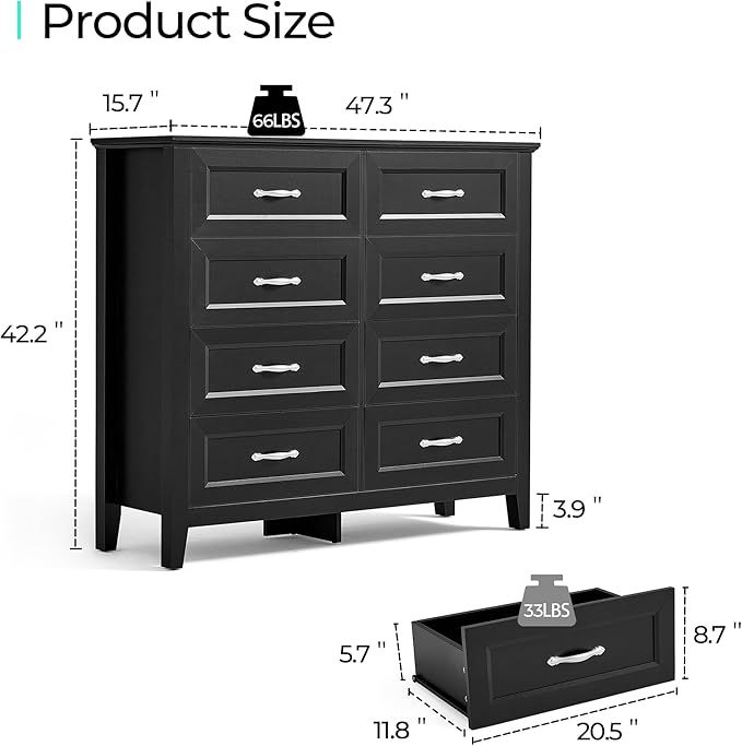 LINSY HOME 8 Drawers Dresser for Bedroom, Black Wood Dresser with Metal Handle, Farmhouse Tall Chest of Drawers with 1 pcs Fabric Divider Organizer, Storage Organizer for Living Room, Closet, Hallway