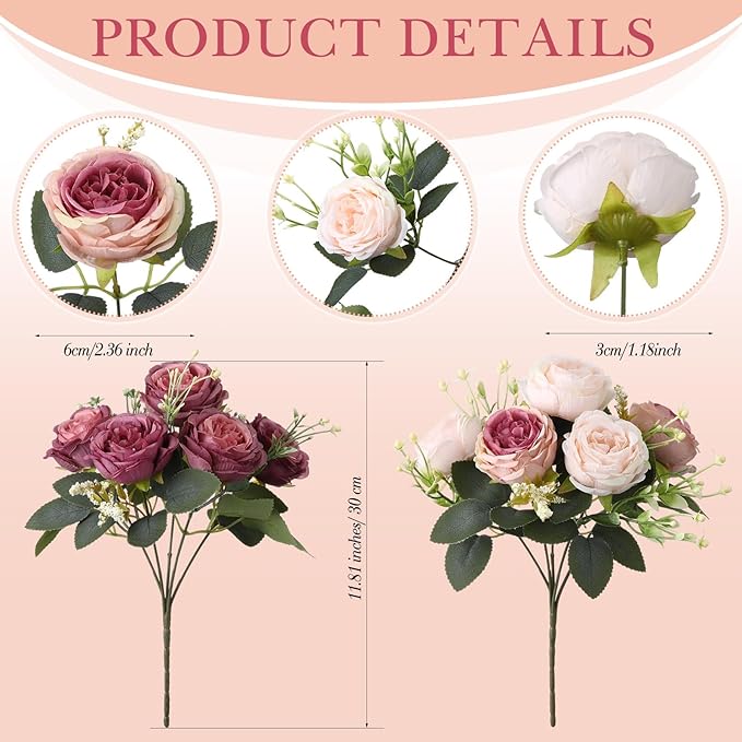 Geosar 8 Bundles Artificial Peonies Flowers Fake Silk Peony Bouquet Faux Peonies Flowers Bulk for Decoration Vase Floral Arrangements Wedding Party Table (Dusty Pink,Dusty Rose)