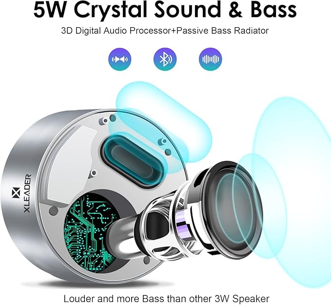 XLEADER Travel Case Packed, Upgraded, Bluetooth Wireless Speaker, Custom Bass Radiator, LED Touch Design, Tiny Pocket Speaker, Mic/TF Card/Aux, 15H Playtime, for Travel Kitchen Office, Space Silver