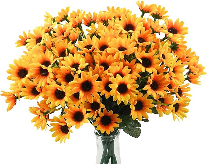 Uieke 24 Bundles Sunflowers Artificial Flowers Daisy Mums 24 Stems Fake Fall Flowers Outdoor UV Resistant No Fade Shrubs for Indoor Outside Home Wedding Office DIY Garden Fall Décor (Yellow)