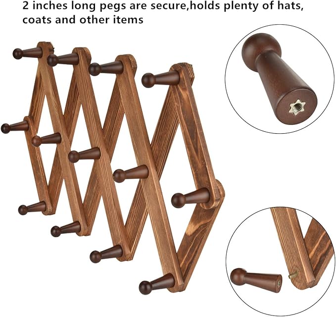 Homode Vintage Wood Expandable Peg Rack- Multi-Purpose Accordion Wall Hangers with 13 Hooks for Hats, Coat, Mugs, Scarf, Jewelry Storage