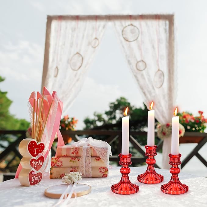 Suclain 24 Pcs Glass Taper Candle Holder Sets 12 Candlestick Holder with 12 White Long Candles for Wedding Party Decor Dinner Decoration(Red)