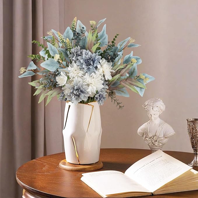 2 Pcs Fake Artificial Flowers Bouquet for Decoration, Silk Flower Arrangements Faux Flowers Plant Wedding Bride Bouquets Tables Centerpieces for Home Decor Indoor Vase Floral Table Decor (Blue White)